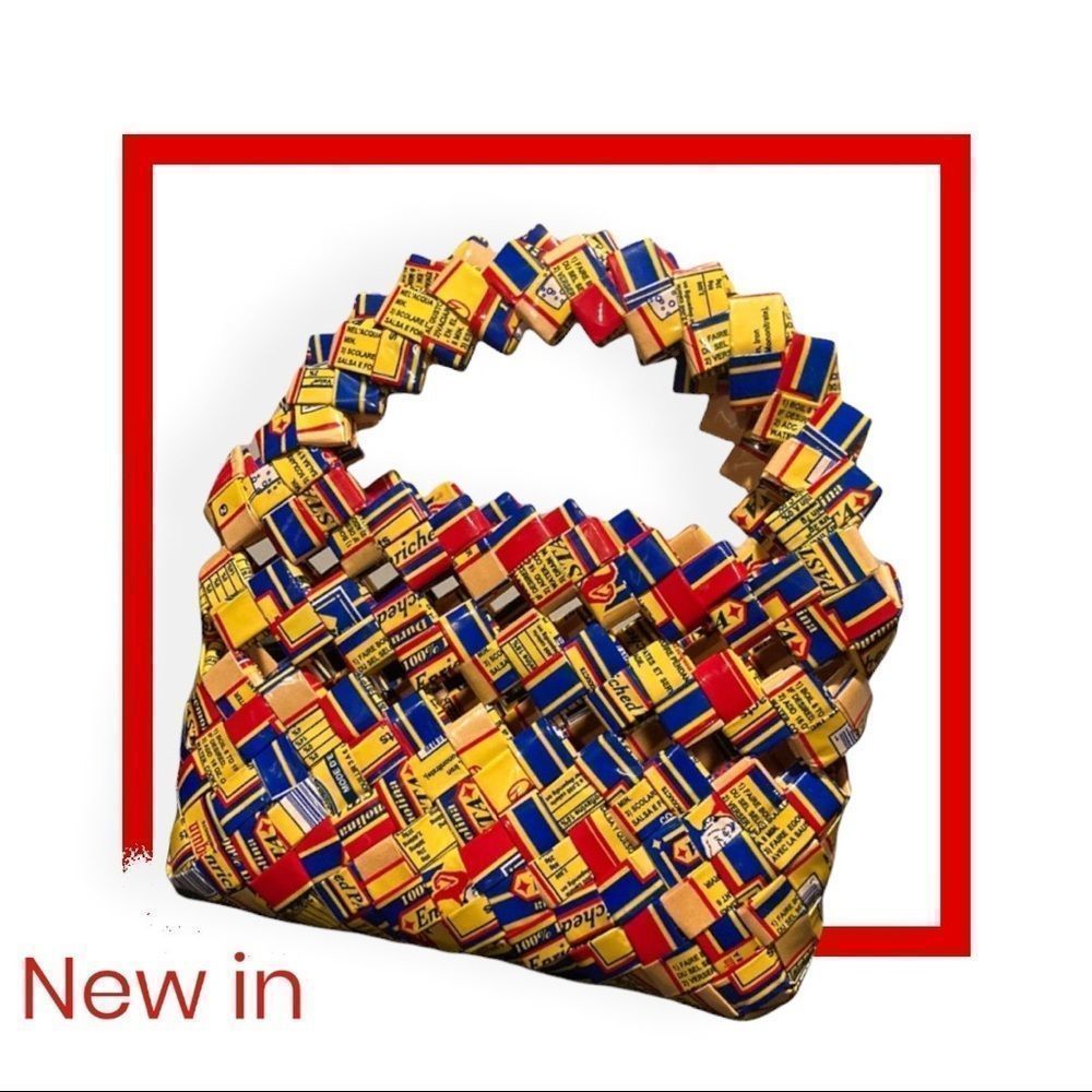 Vintage Handcrafted Woven Recycled Plastic Handheld Purse Red/Blue/Yellow